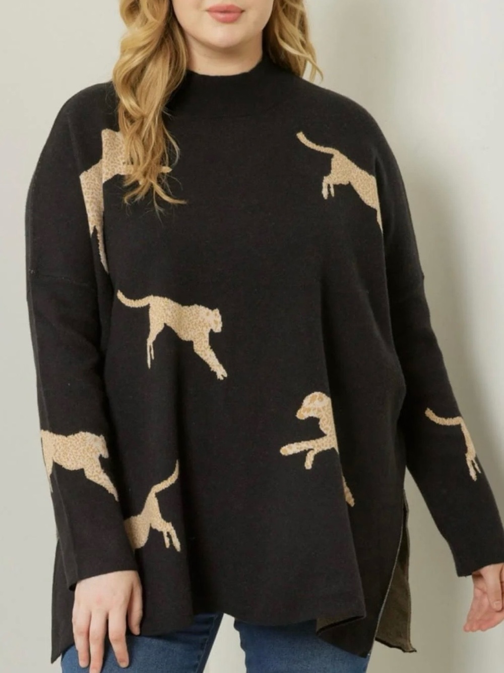 entro Black Sweater with Tan Leopard Intarsia